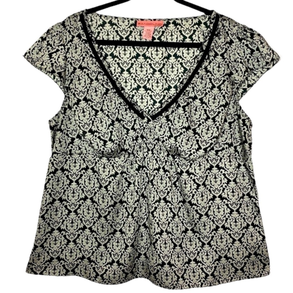 Bandolino Black White Paisley Print V-Neck Short Cap Sleeve Blouse Size 18